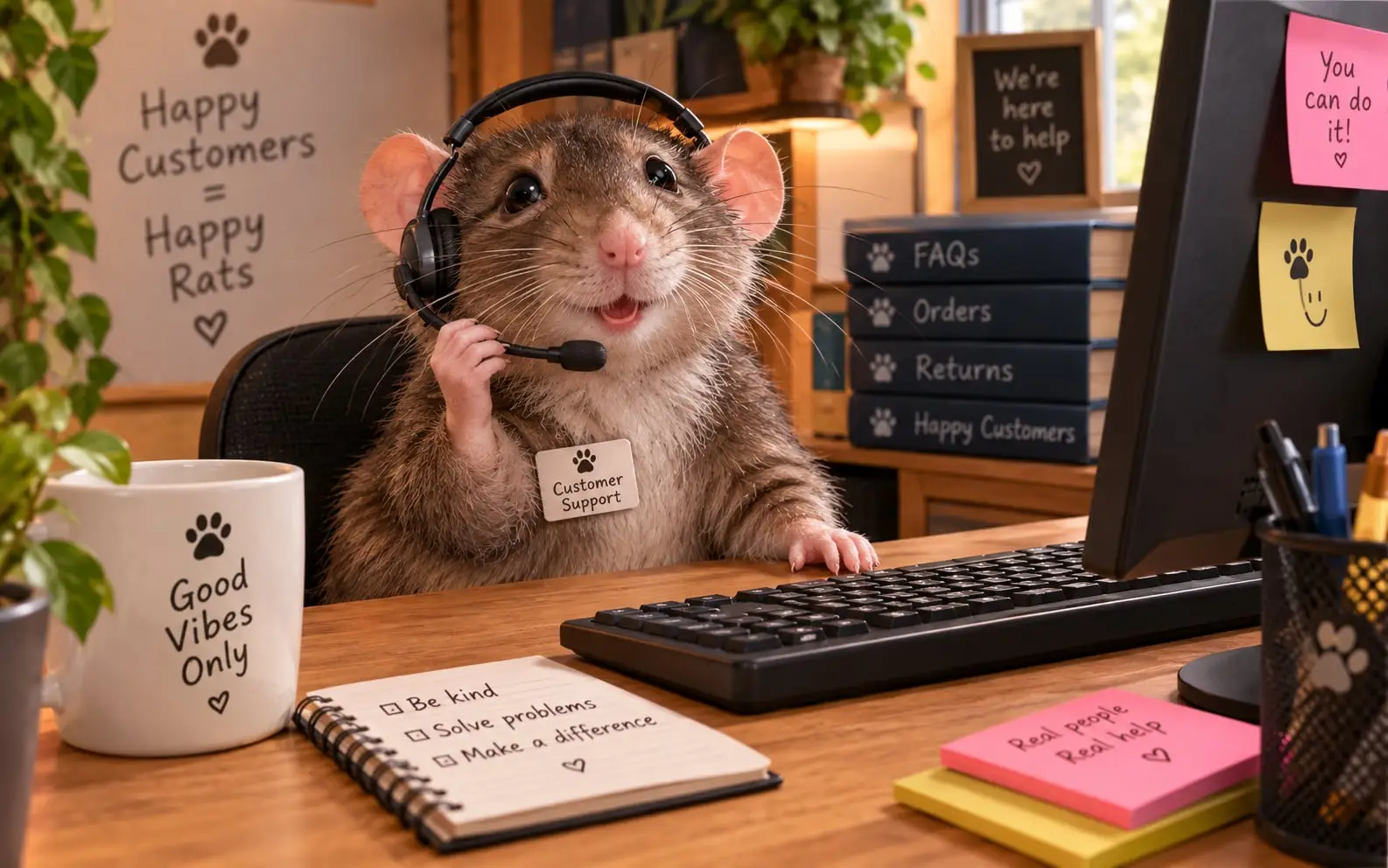 Een ratje met een headset aan een bureau