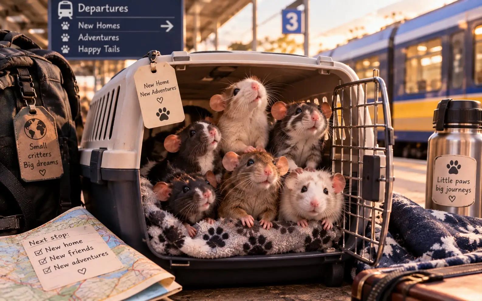 Zes ratjes in een transportbox op een perron, klaar voor de reis naar hun nieuwe huis