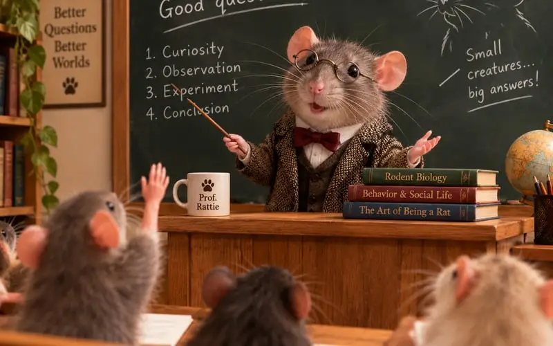 Een ratje met een bril geeft les voor een schoolbord aan een klas vol ratjes